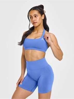 Oner Active Easy Lift Halter Bralette with White Logo in Glaucous Blue - Medium